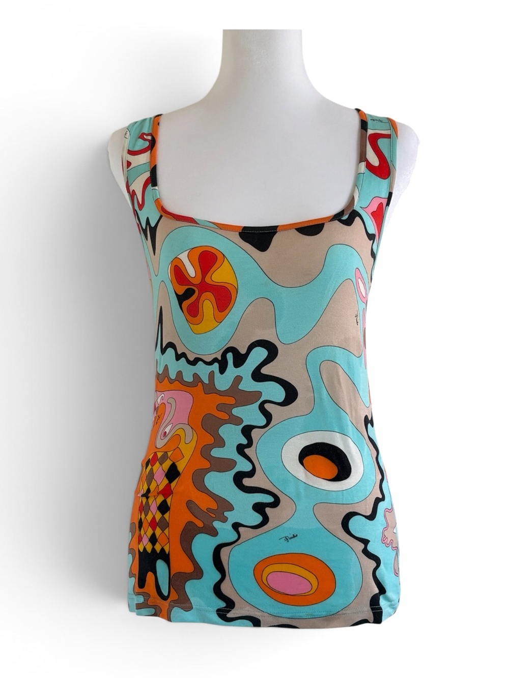 EMELIO PUCCI Aqua and Orange Abstract Scoop Neck Tank